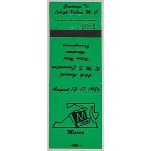 Vintage Matchbook Cover Marva MC RMS 1986 Lehigh Valley PA Convention Green